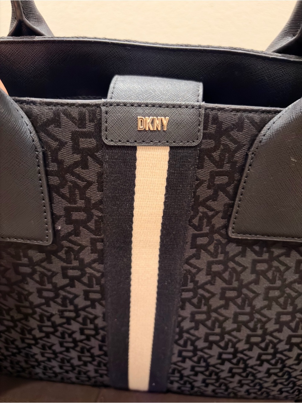 DKNY Black Tote with Cream Center Stripe and Logo Jacquard